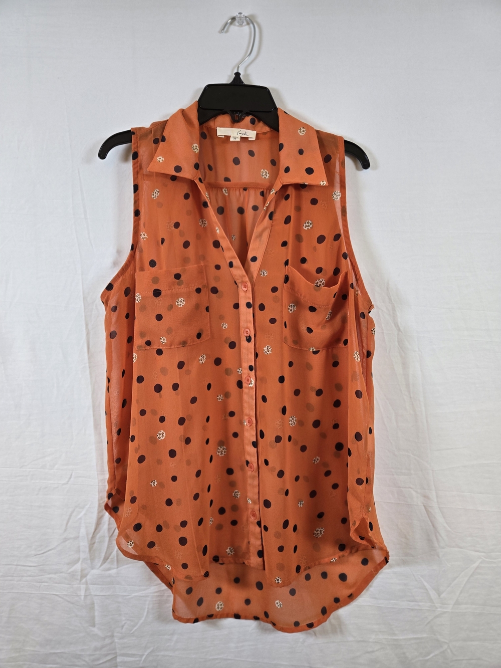 Lush Orange Polka Dot Sleeveless Button-Down Blouse